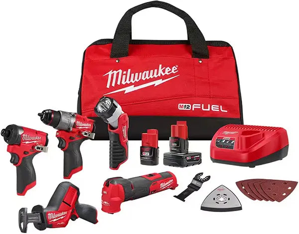 Milwaukee M12 FUEL 12-Volt Lithium-Ion Cordless 5-Tool Combo Kit w/(2) Batteries and Bag + M12 FUEL 1.6 Gal. Wet/Dry Vacuum